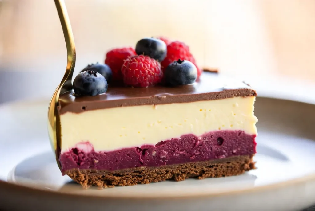 Šumske Kocke – Kremasti No-Bake Kolač sa Voćem, Vanila Pudingom i Čokoladnim Prelivom