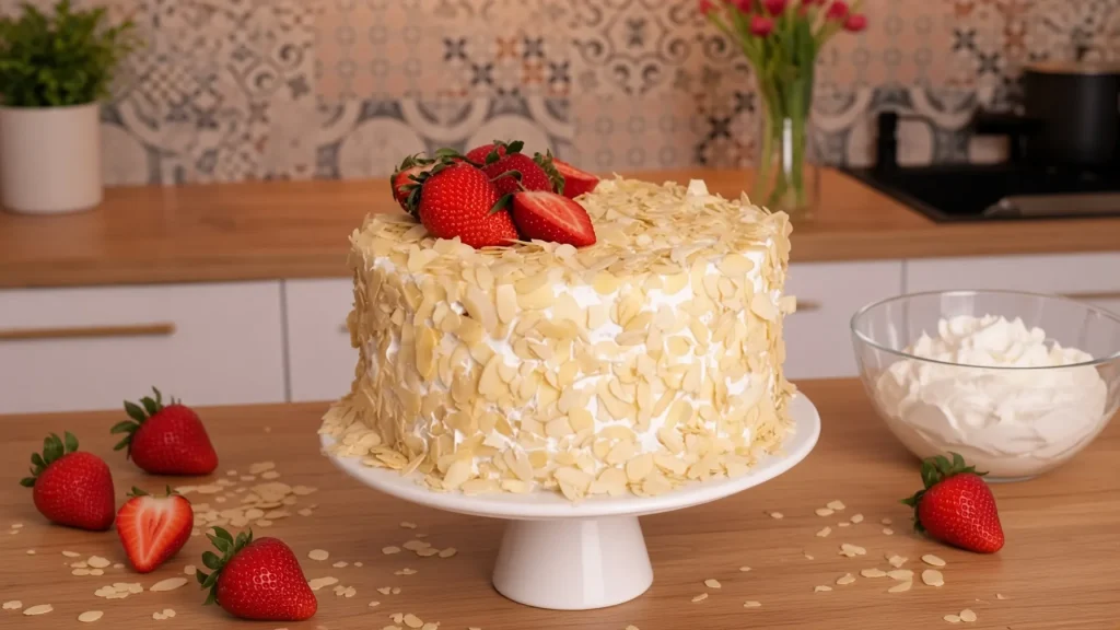 Svečana bela torta sa jagodama, bademima i kremom od slatke pavlake