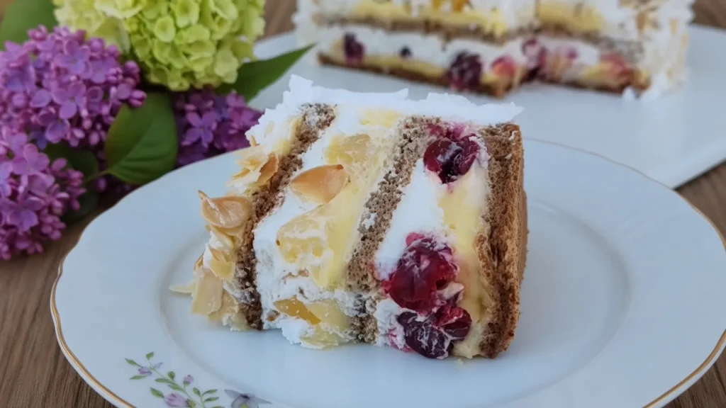 Tradicionalna Moskva šnit torta sa višnjama, ananasom i pečenim bademima 🍰🍒🍍